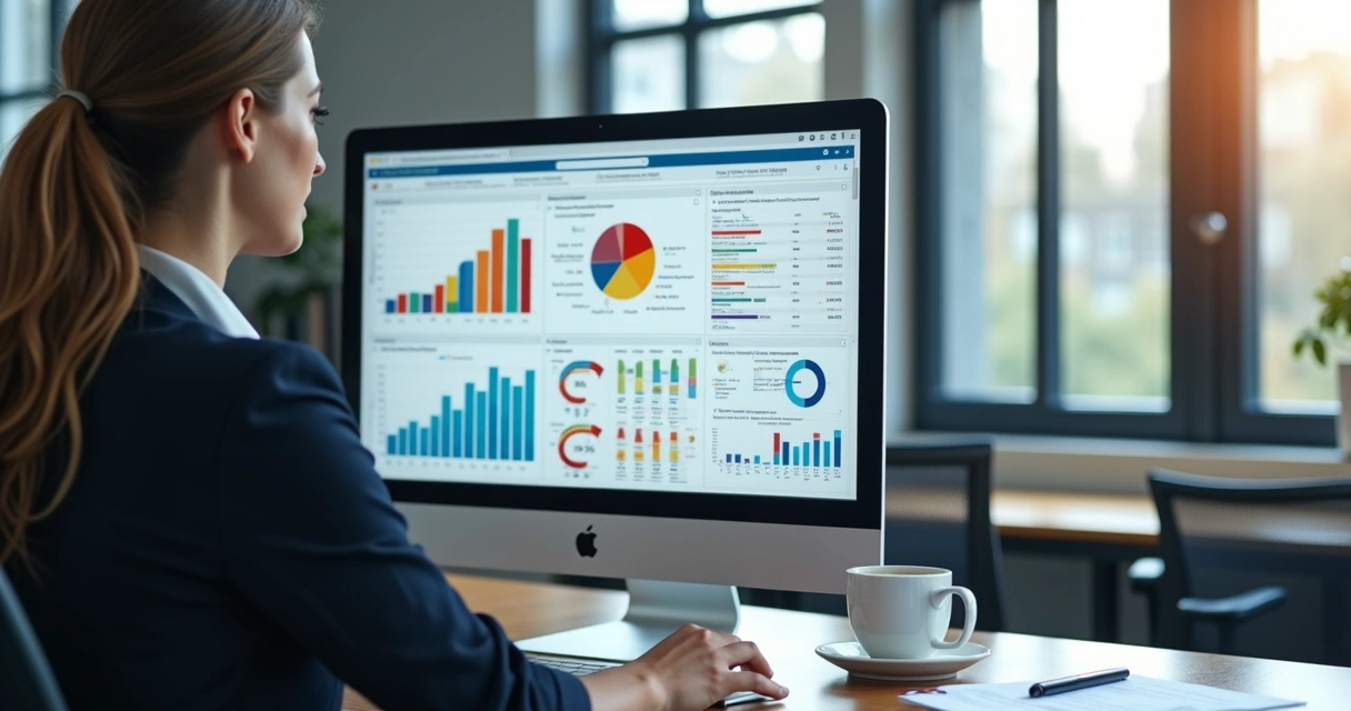 Profissional analisando gráficos de risco financeiro em tela de computador moderno 