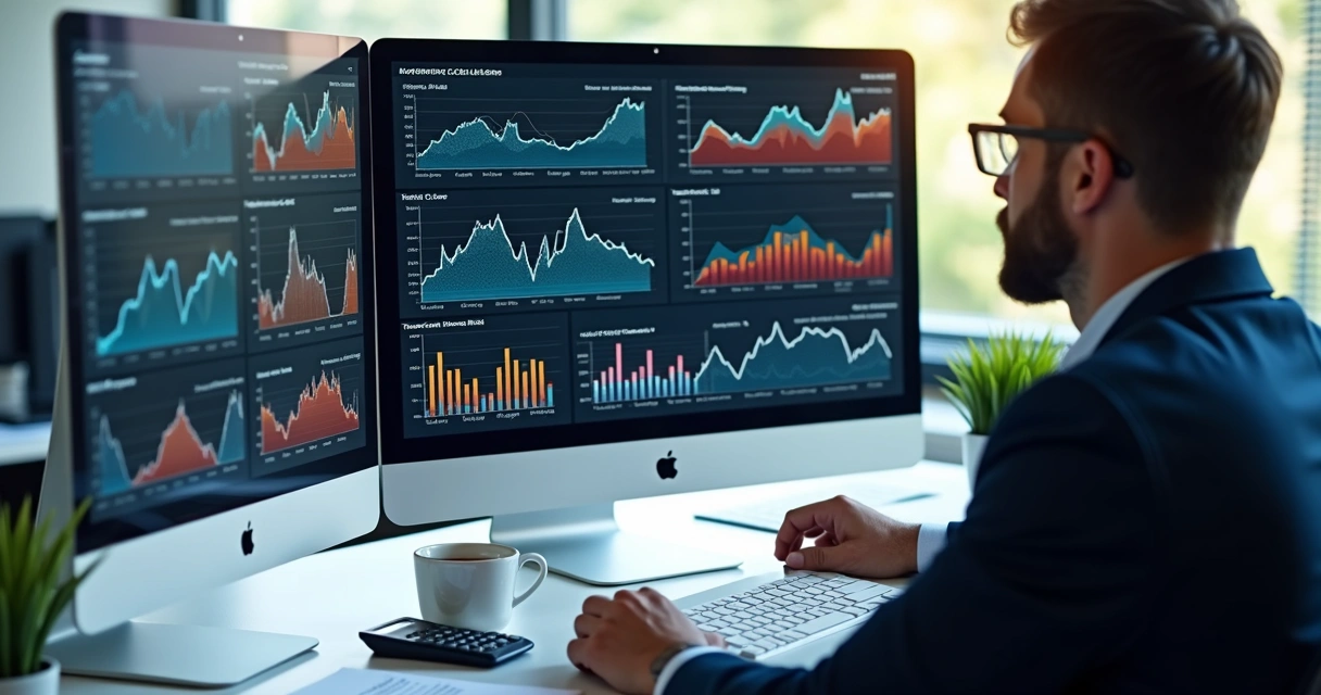 Pessoa analisando gráficos de risco fiscal em tela de computador com documentos e calculadora à mesa 