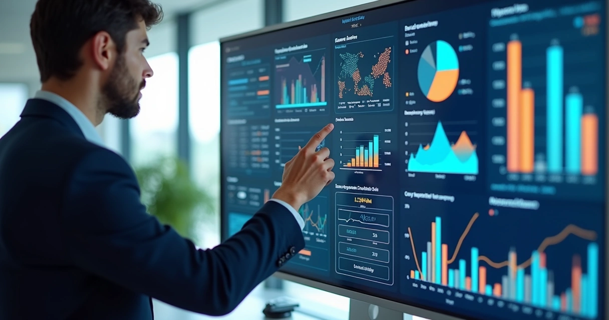 Painel digital exibindo indicadores fiscais de uma empresa com gráficos coloridos