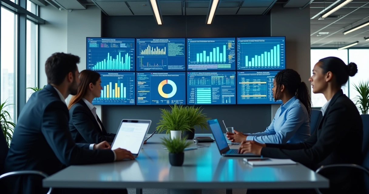 Equipe de profissionais analisando dados e gráficos de risco de fornecedores em várias telas digitais em ambiente corporativo moderno 