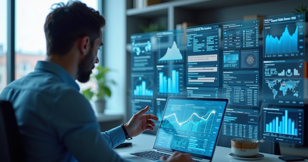 Profissional analisando dados em tela digital com gráficos e indicadores de riscos de fornecedores 