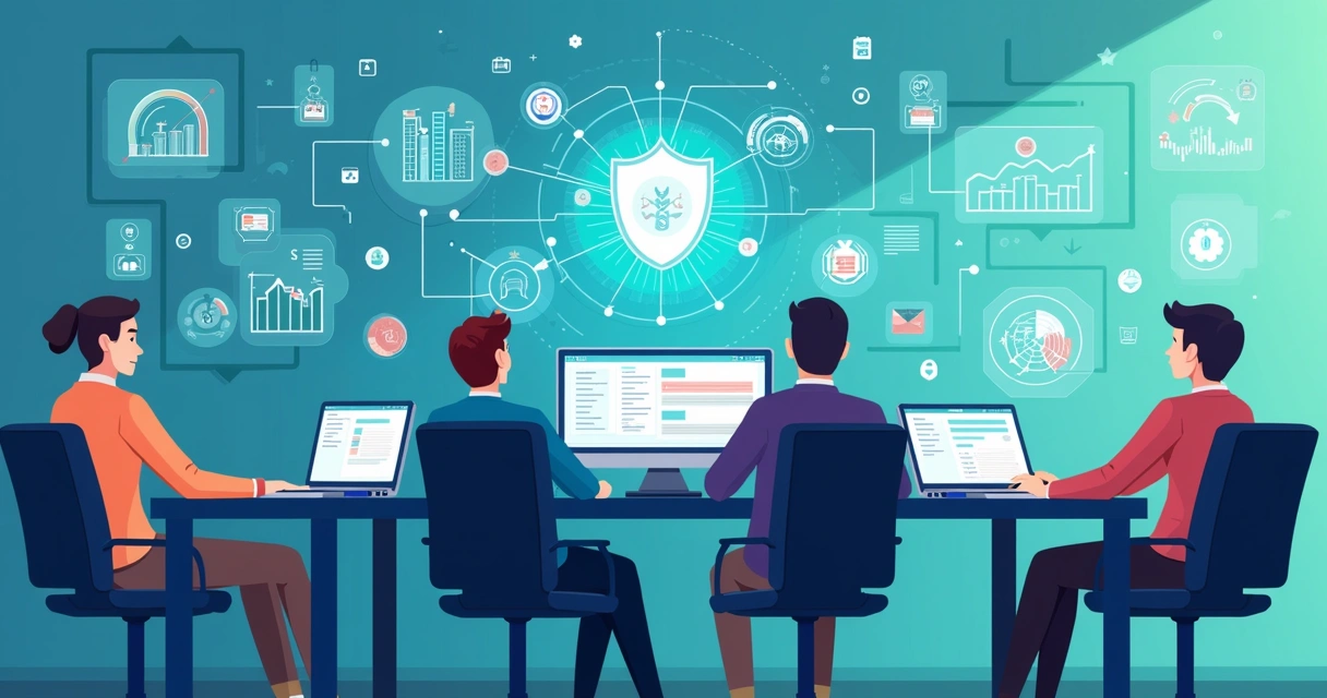 Equipe monitorando transações em painéis digitais 