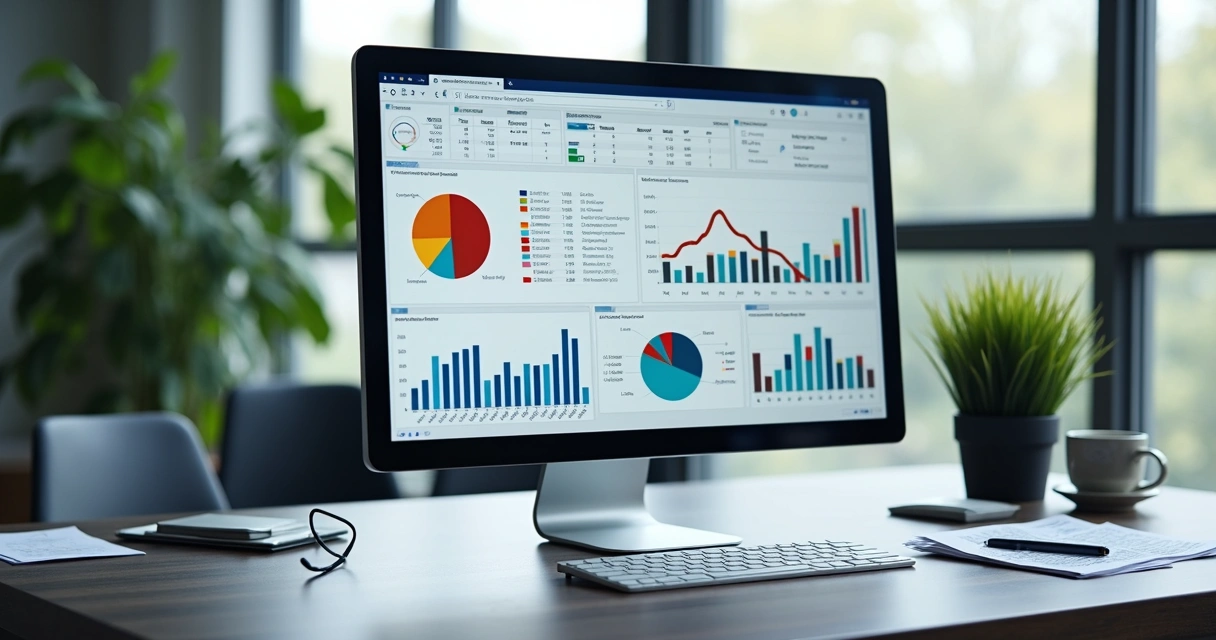 Tela de computador mostrando indicadores financeiros e gráficos de risco tributário em ambiente corporativo moderno 