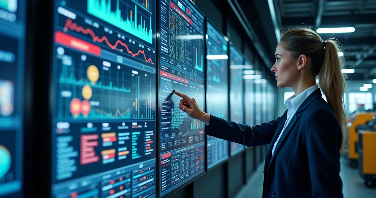 Tela de computador exibindo gráficos e dados de monitoramento de riscos ocupacionais em ambiente industrial 