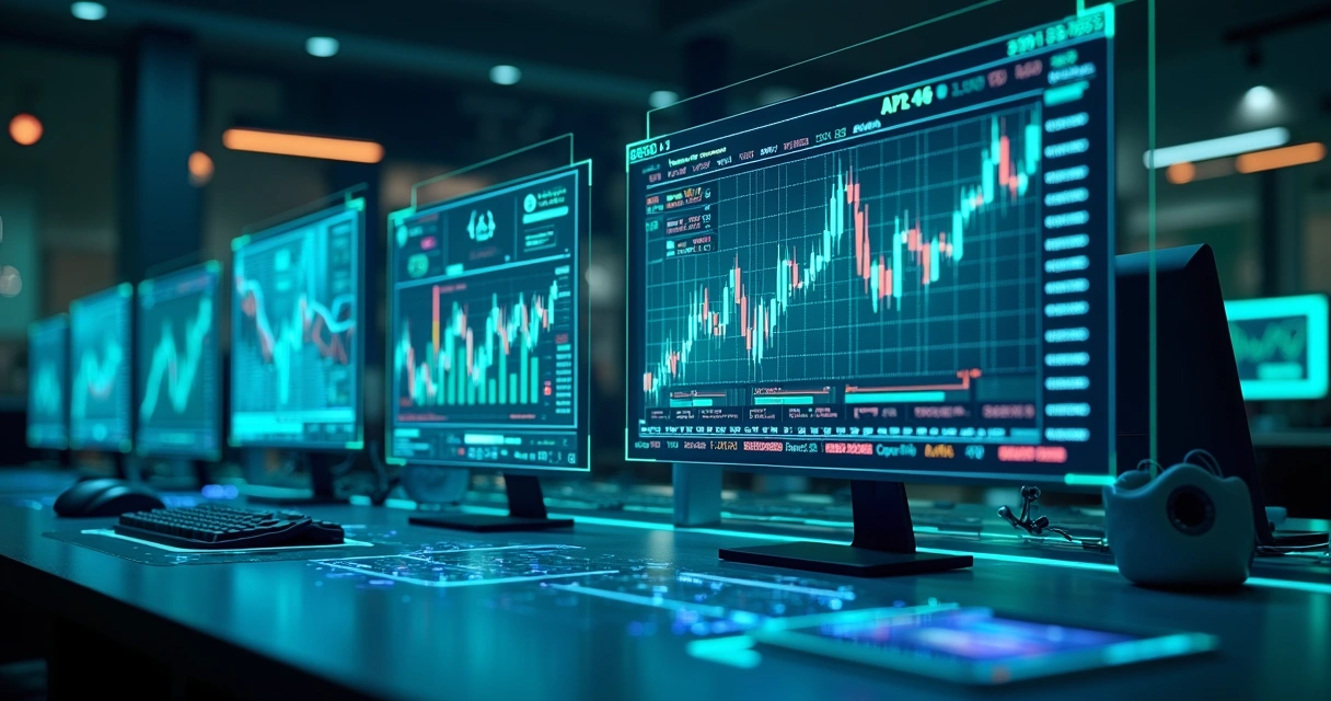Tela com gráficos financeiros e indicadores de performance para robôs de trading em ambiente digital moderno 