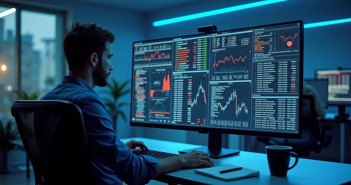 Pessoa acompanhando monitor com painéis de logs de bots de trading 