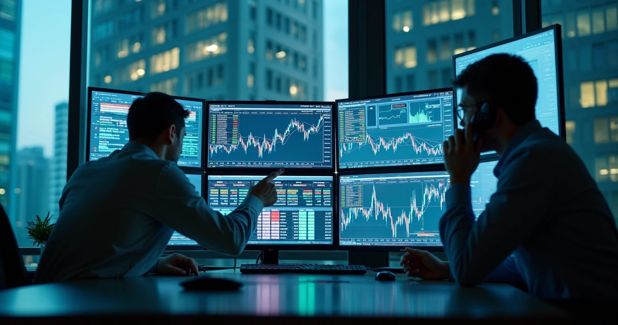 Sala com telas monitorando robôs investidores em tempo real 