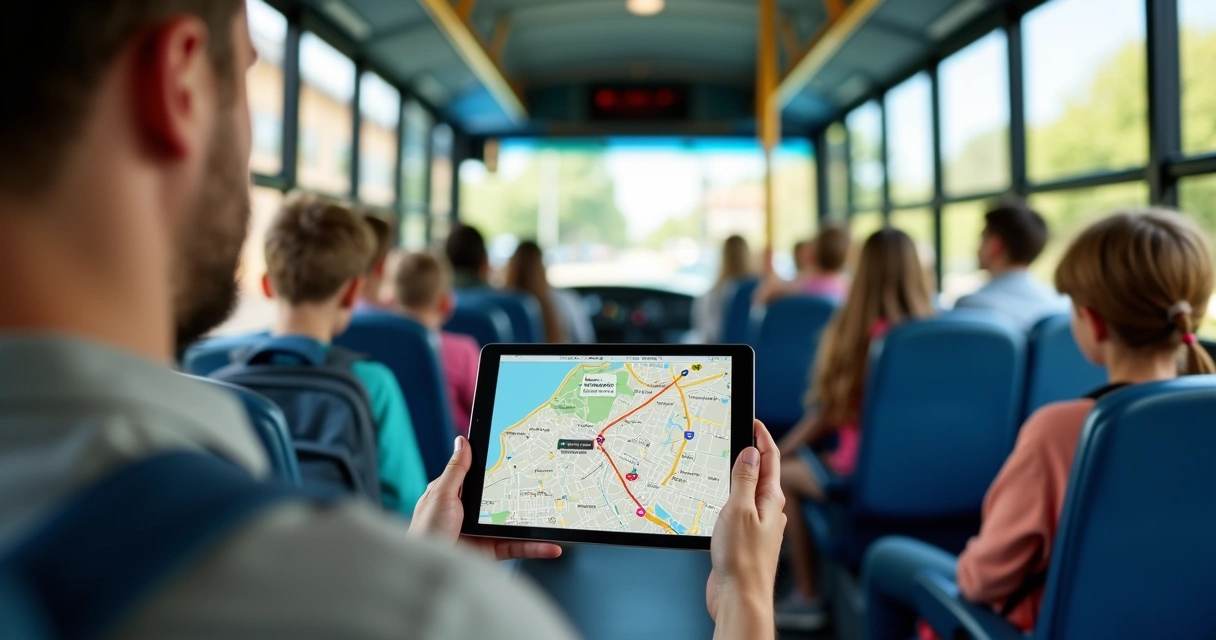 Tablet com mapa de rota escolar na mão de motorista, interior de ônibus escolar moderno