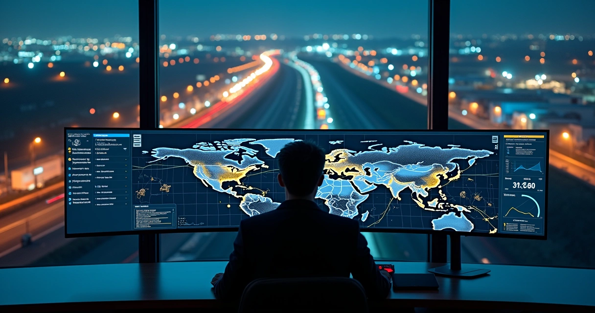 Painel digital controla rota logística complexa com caminhões em cidade noturna 