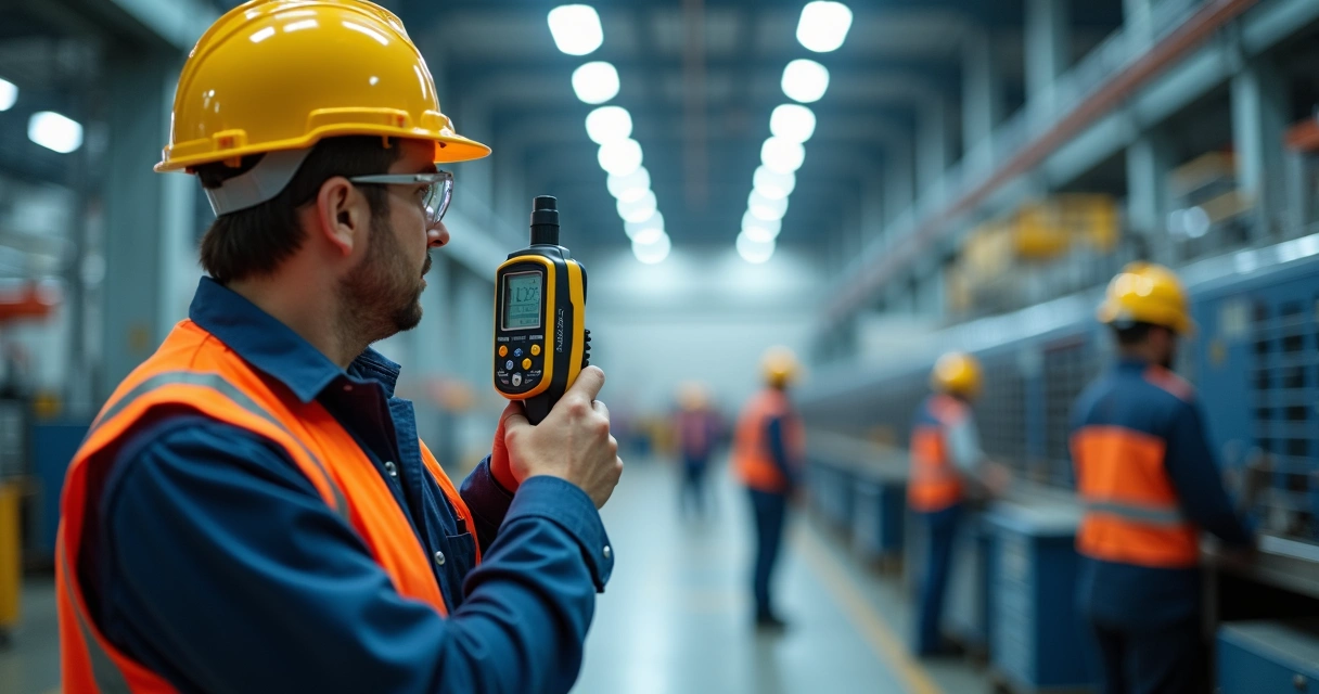 Técnico aferindo ruído em fábrica com aparelho de medição