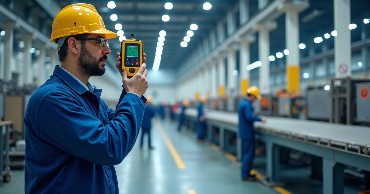 Engenheiro faz medição de ruído com decibelímetro na linha de produção 