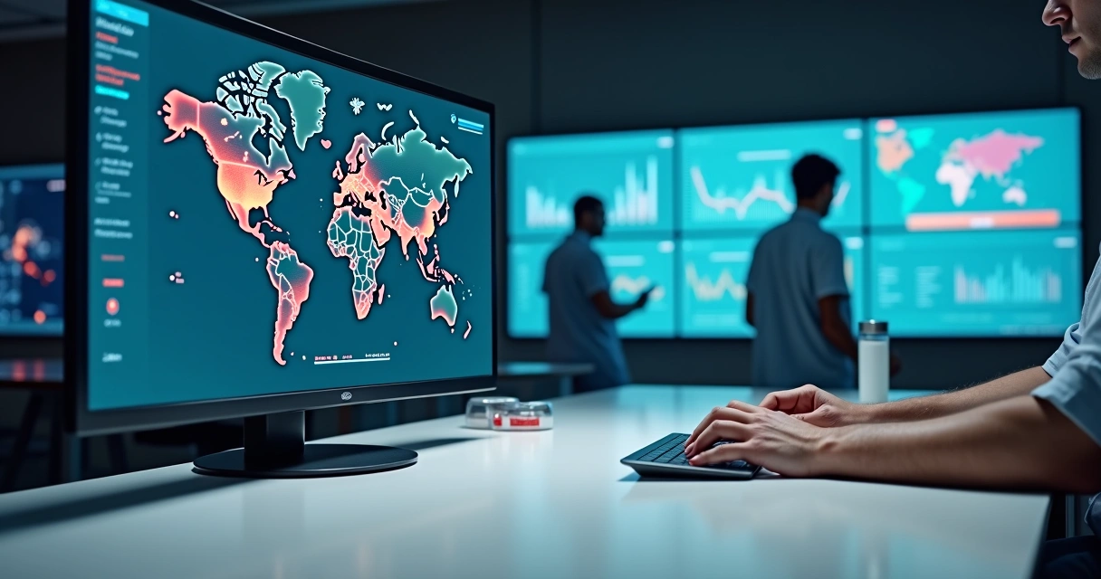Tela de plataforma SaaS monitorando surtos em mapa mundial com gráficos em tempo real 