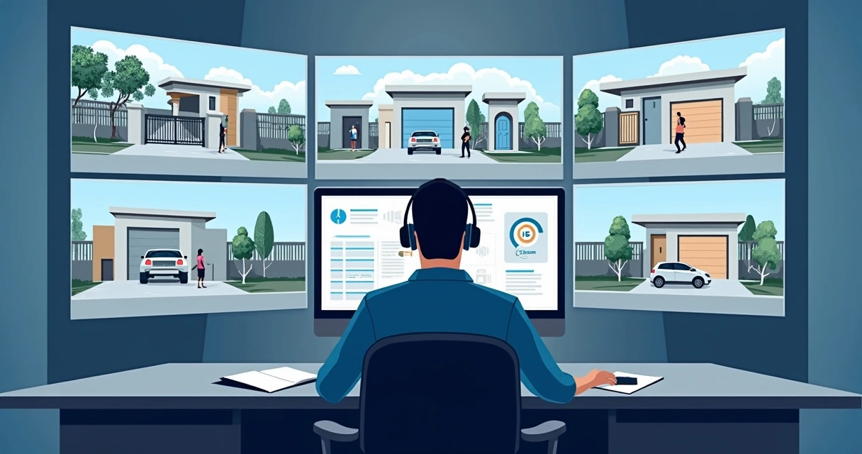 Operador monitora condomínio por câmeras múltiplas 