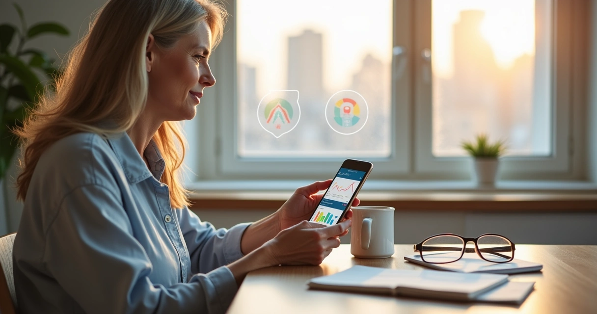 Mulher usando aplicativo de saúde em smartphone para monitorar exames.