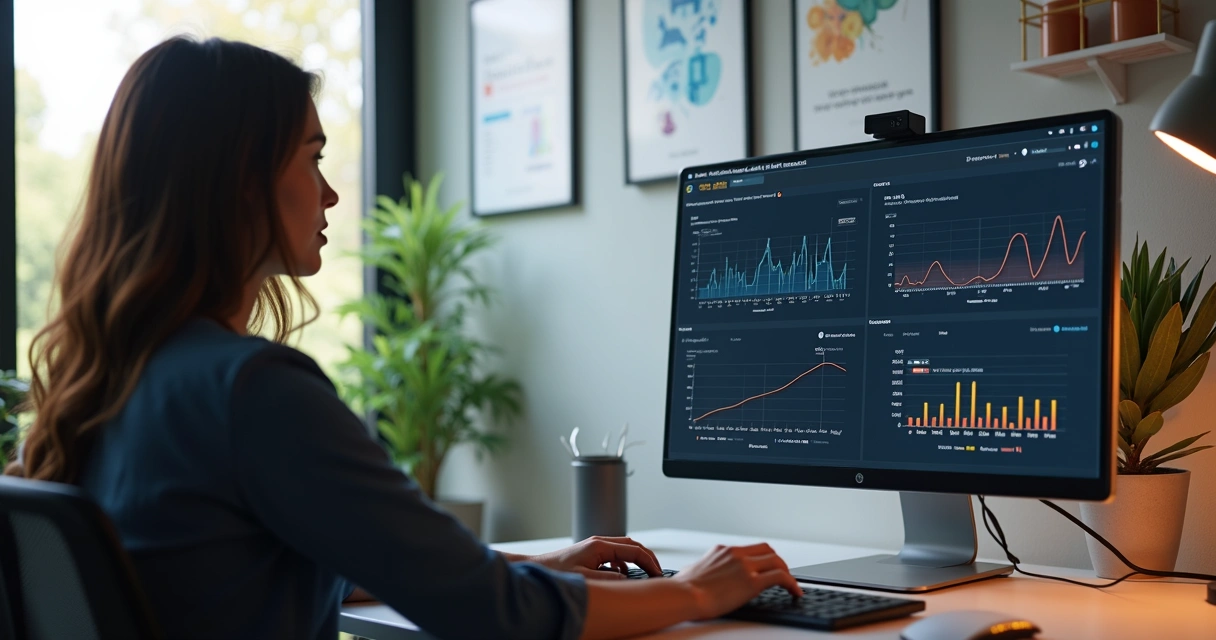 Profissional monitorando indicadores em tela de computador com gráficos de saúde ocupacional 