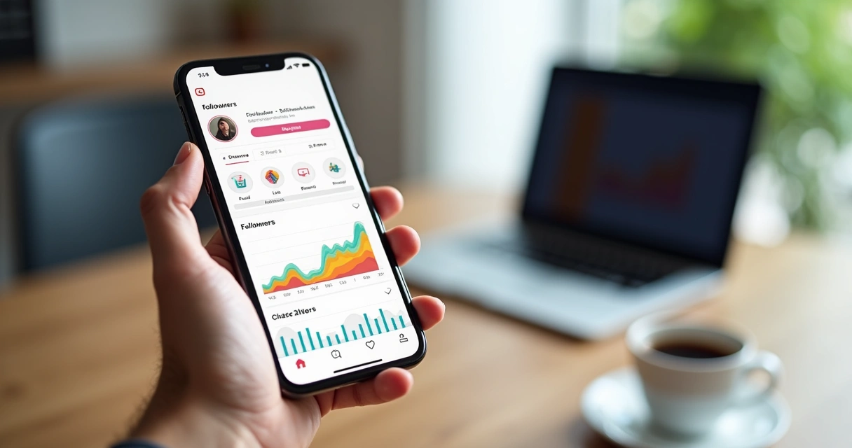 Tela de smartphone mostrando contagem ao vivo de seguidores no Instagram com gráficos de crescimento e métricas de engajamento coloridas 