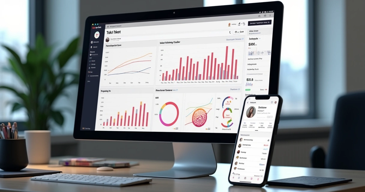 Tela de computador exibindo dashboard com gráficos de crescimento e engajamento de seguidores do TikTok