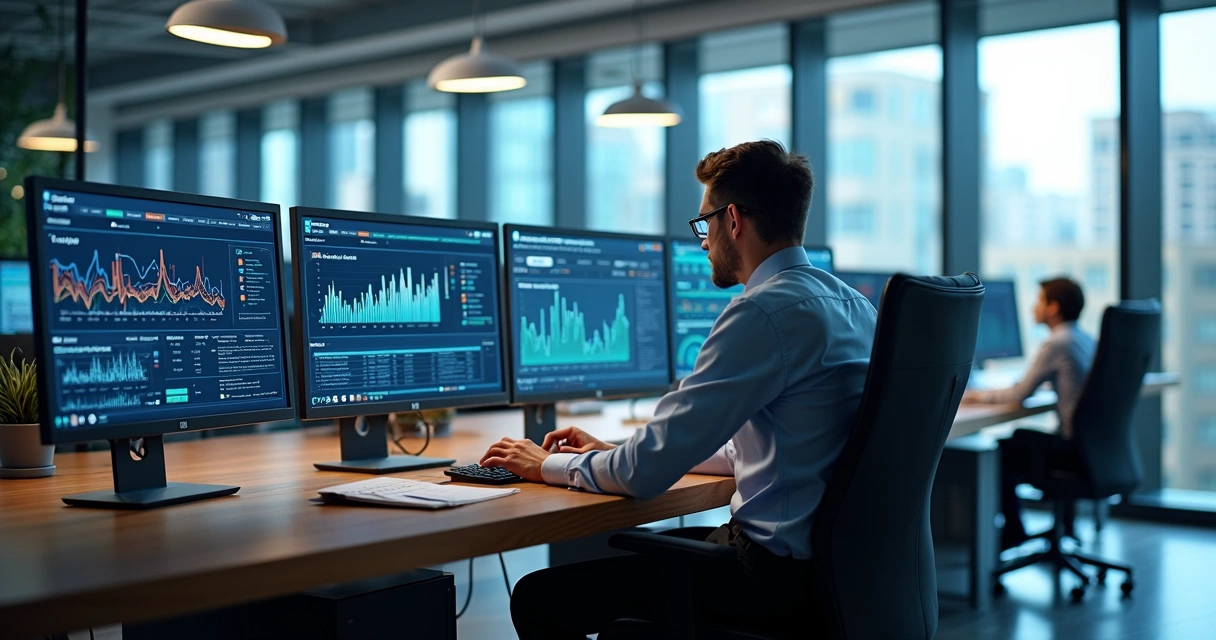 Monitoramento de dados em telas de computadores em um escritório moderno 