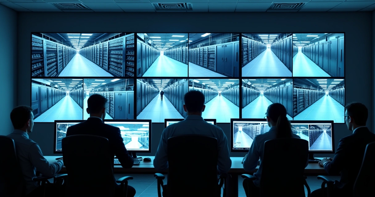 Equipe monitora câmeras de segurança em data center moderno