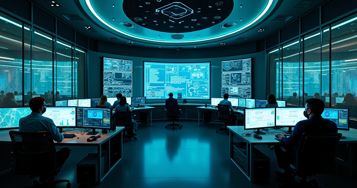 Funcionários monitorando segurança digital em uma sala de controle 