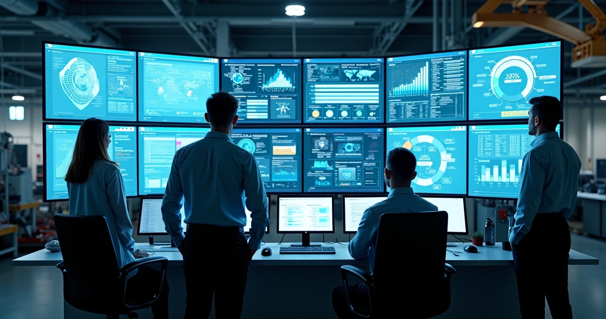 Telas de monitoramento de segurança exibindo gráficos em ambiente industrial