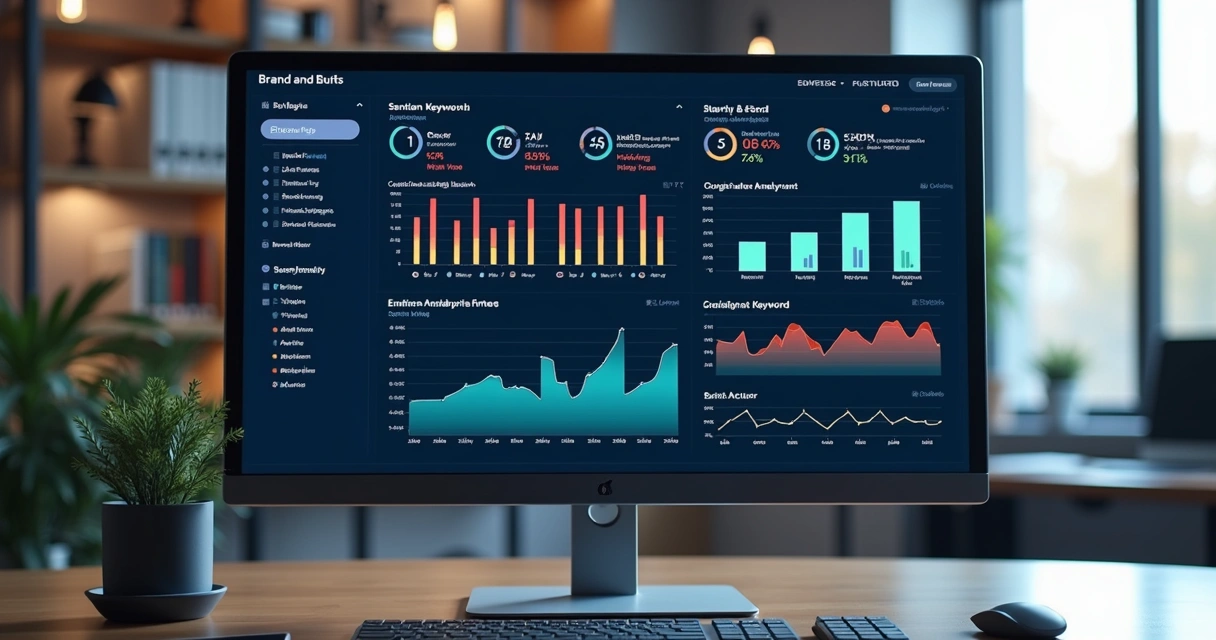 Computador com tela exibindo painel de análise de segurança de marca e gráficos de dados detalhados 