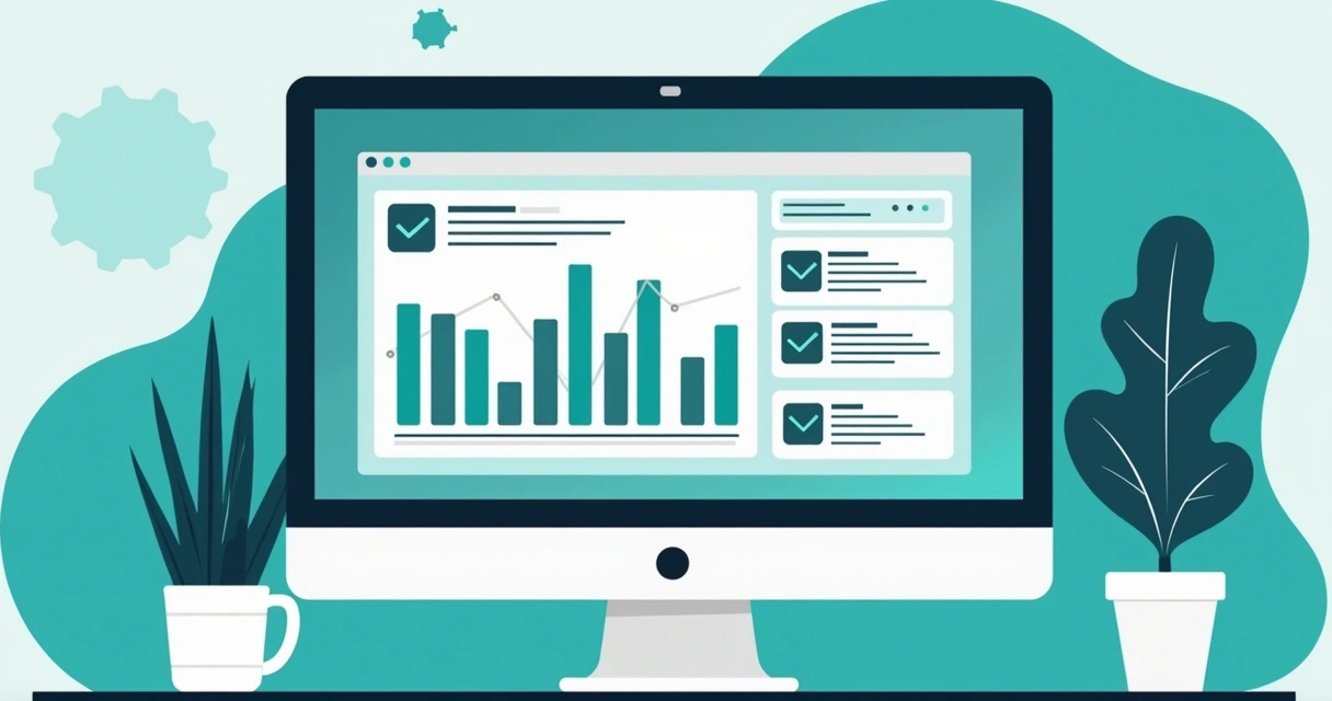 Monitor de computador exibindo gráficos de análise de marca e notificações