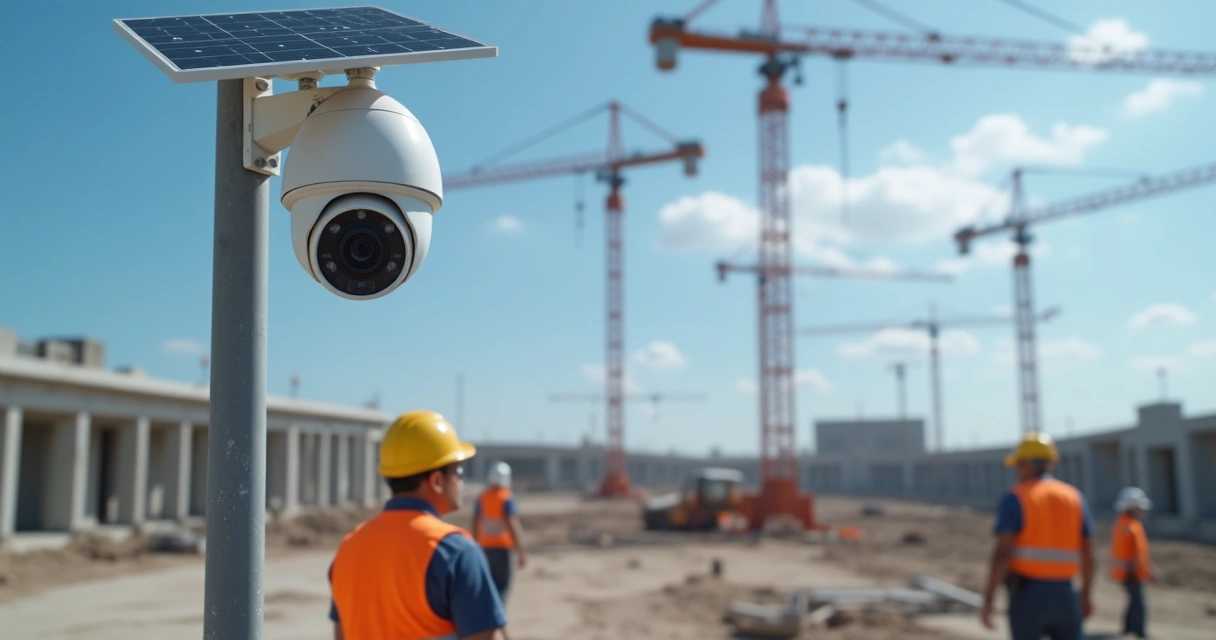 Câmera monitorando trabalhadores de obra com IA detectando EPIs 