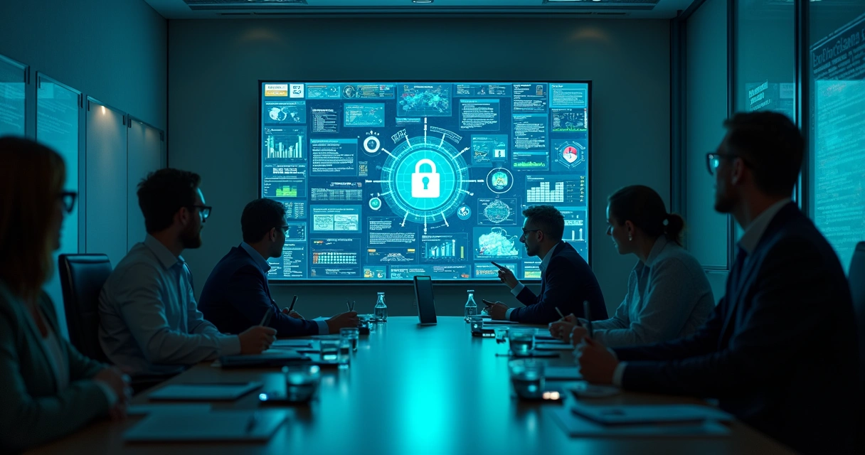 Equipe de TI monitorando painel de segurança da informação 