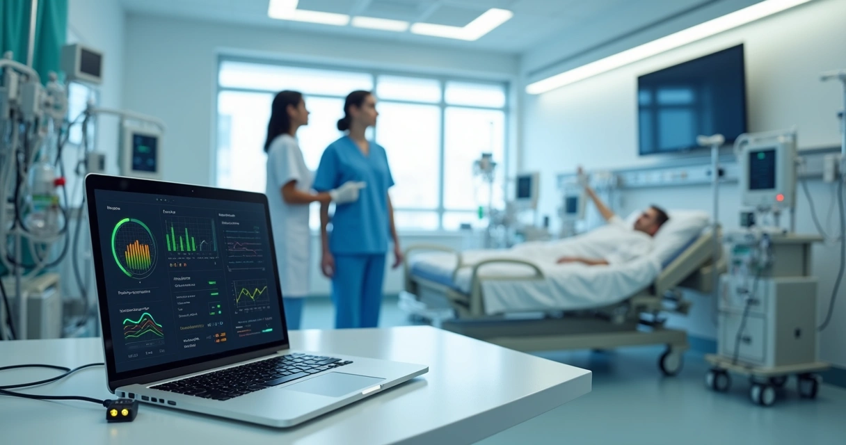 Equipe monitorando sensores de telemetria em leitos hospitalares por meio de painel em laptop 