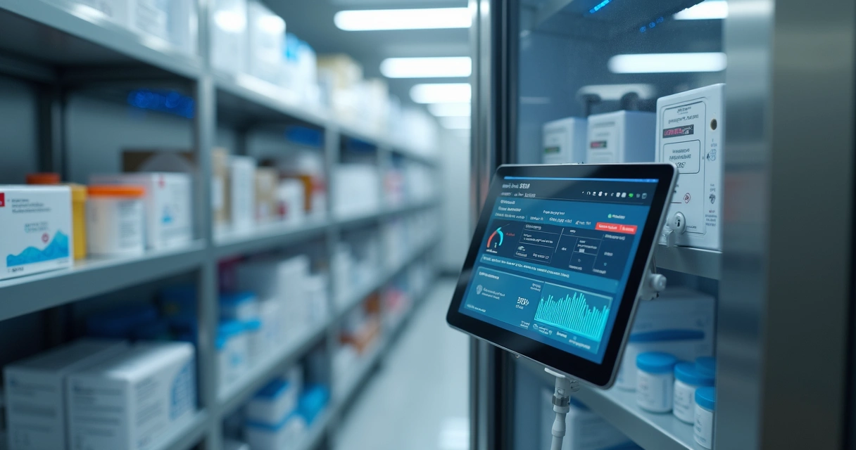 Sensores IoT instalados em geladeira de vacinas, monitoramento em tempo real exibido em tablet 