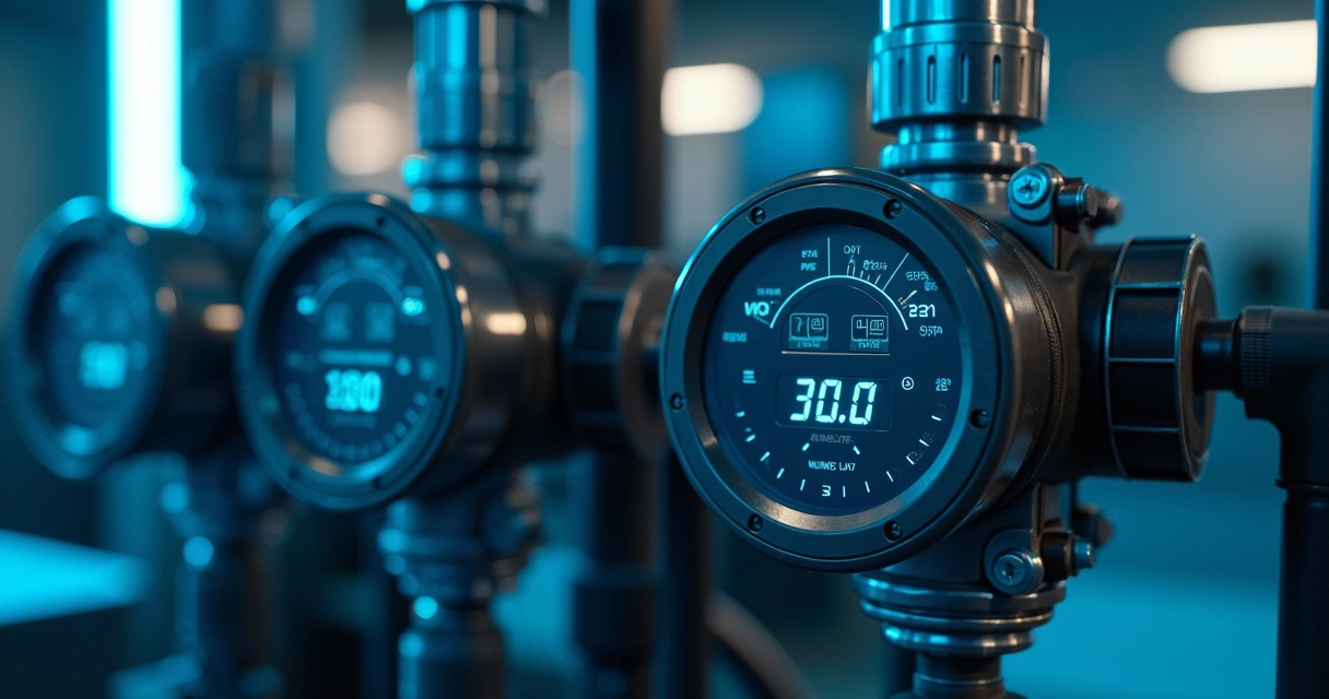Sensor de nível eletrônico instalado em reservatório com painel digital ao lado