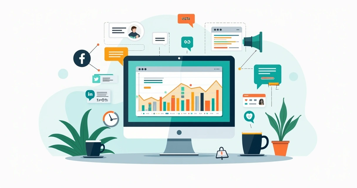 Ilustração corporativa mostrando análise de sentimento digital em tempo real com gráficos e ícones de redes sociais 