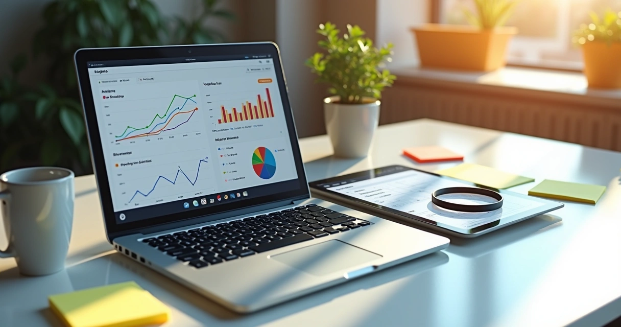 Painel de dados mostrando gráficos de monitoramento SEO