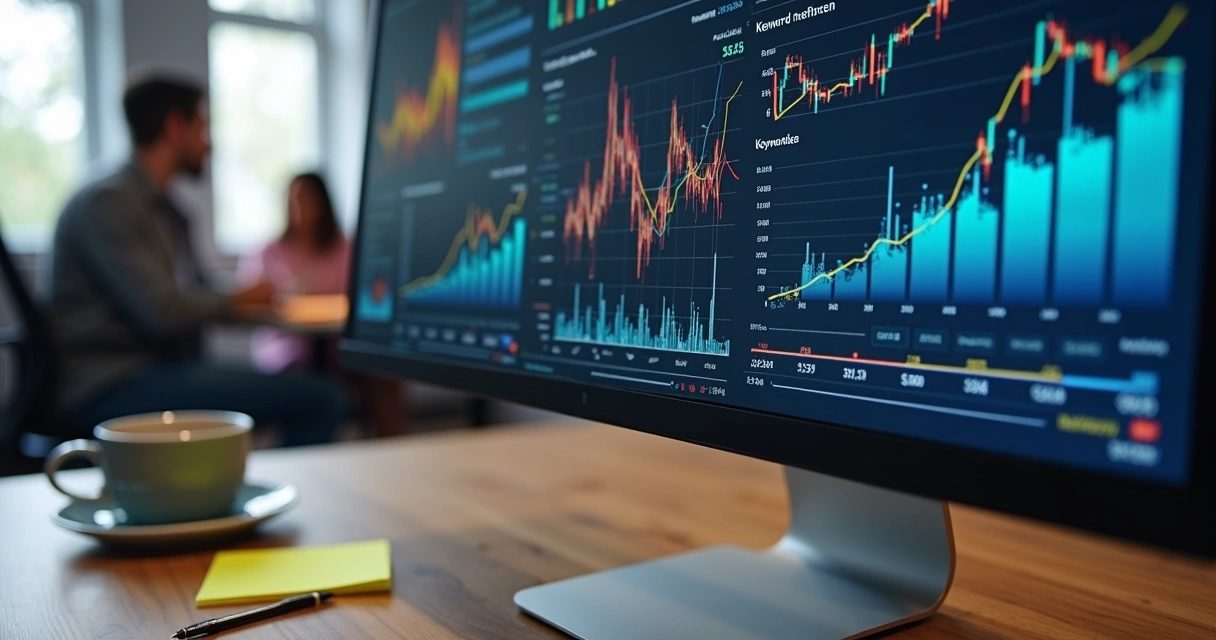 Painel de monitoramento de SEO em tela com gráficos 