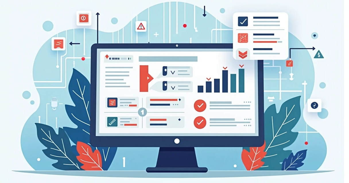 Tela de painel com alertas técnicos, mapa do site e dados estruturados 