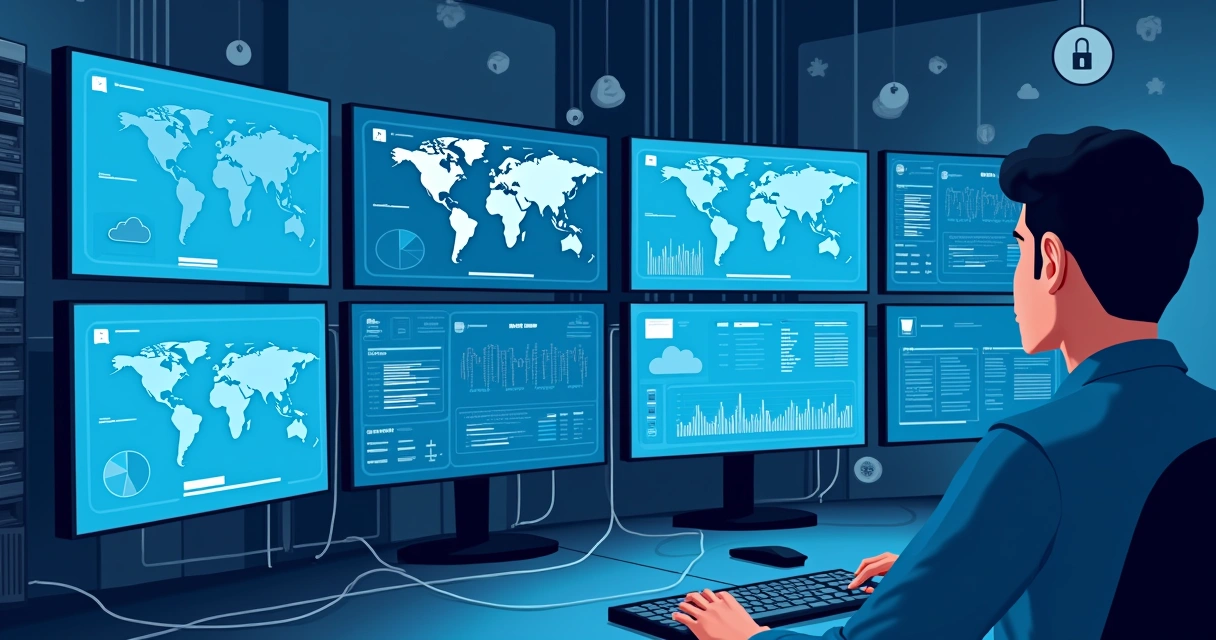 Painel com gráficos de desempenho de redes de TI e computadores 