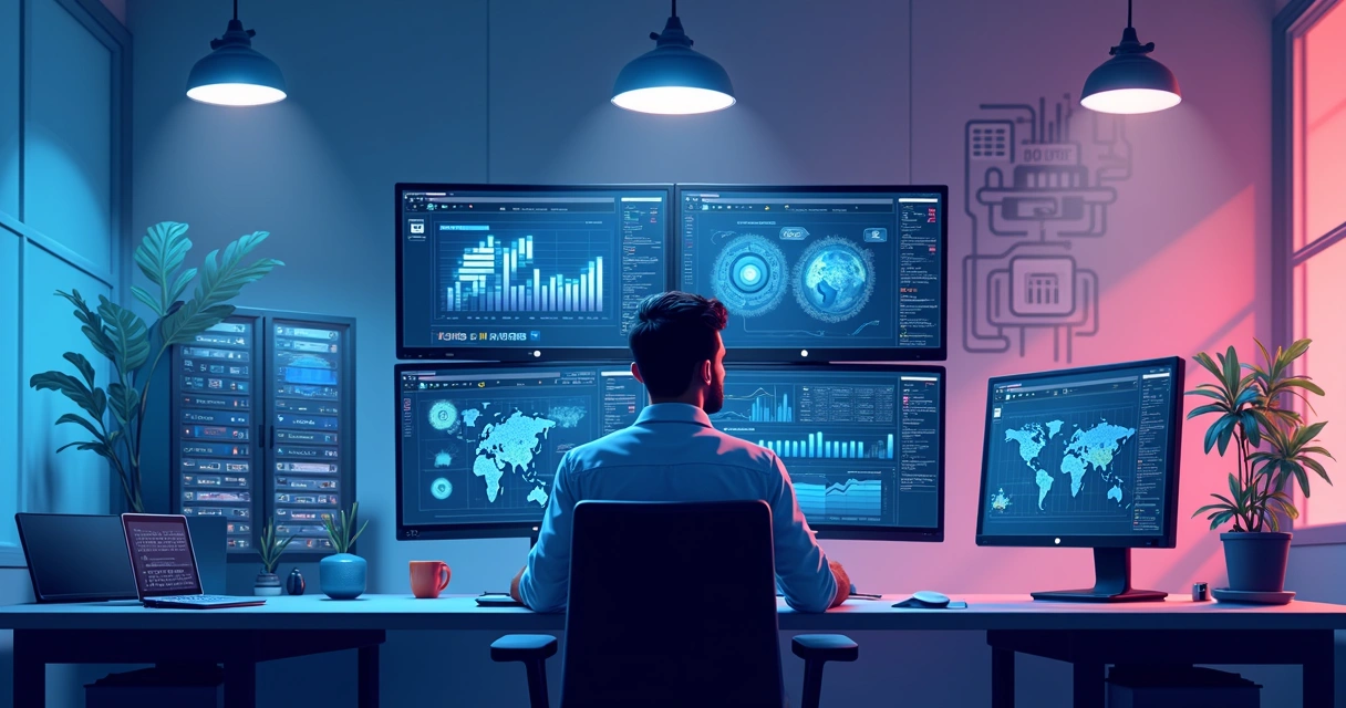 Equipe monitorando servidores e gráficos em tempo real 
