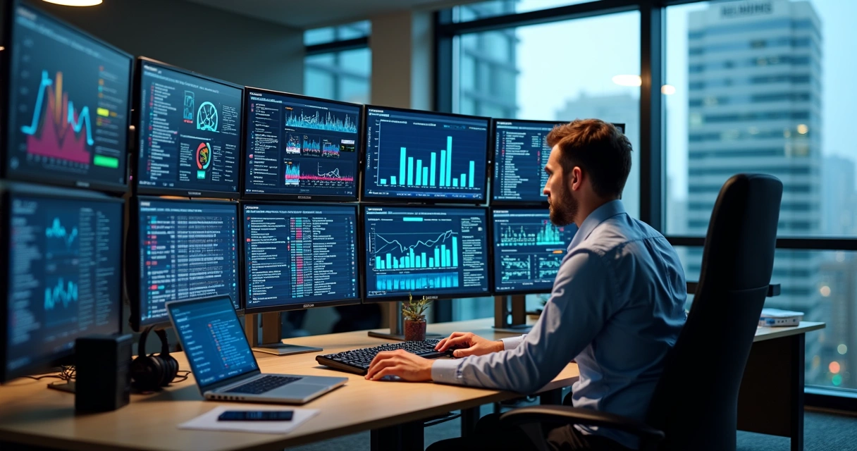 Telas de monitoramento de servidores com gráficos e alertas 
