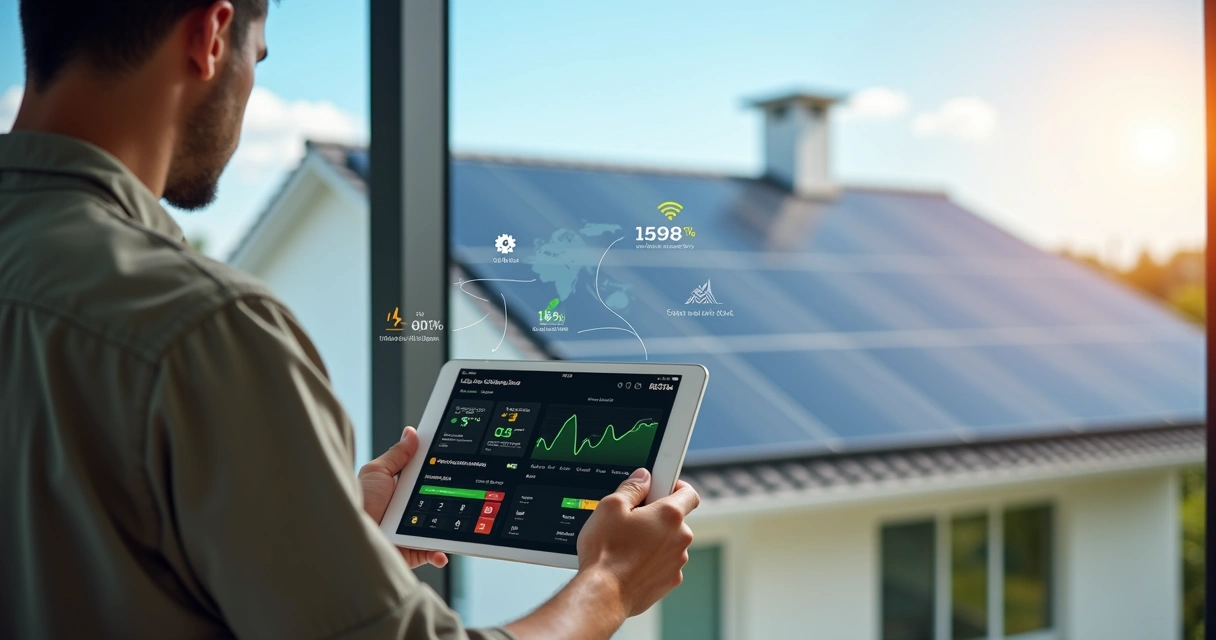 Técnico analisando monitoramento em tempo real de sistema de energia solar em telhado residencial 