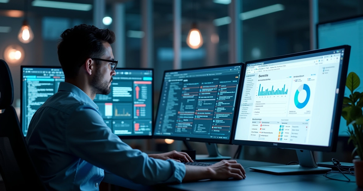 Profissional monitorando dashboard com métricas de site WordPress 
