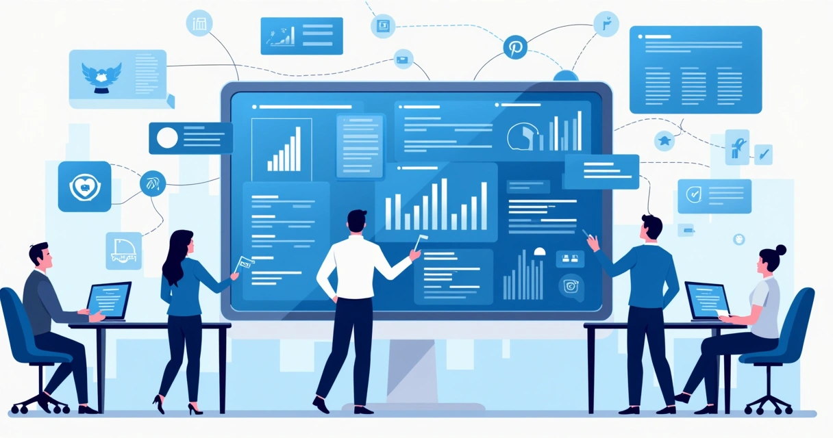 Painel digital com gráficos de redes sociais e notícias em tempo real, monitorando dados políticos em background azul 