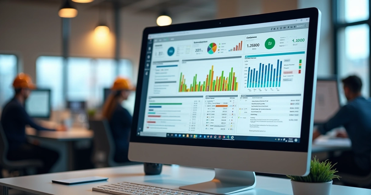 Tela de software de obras mostrando gráficos de progresso