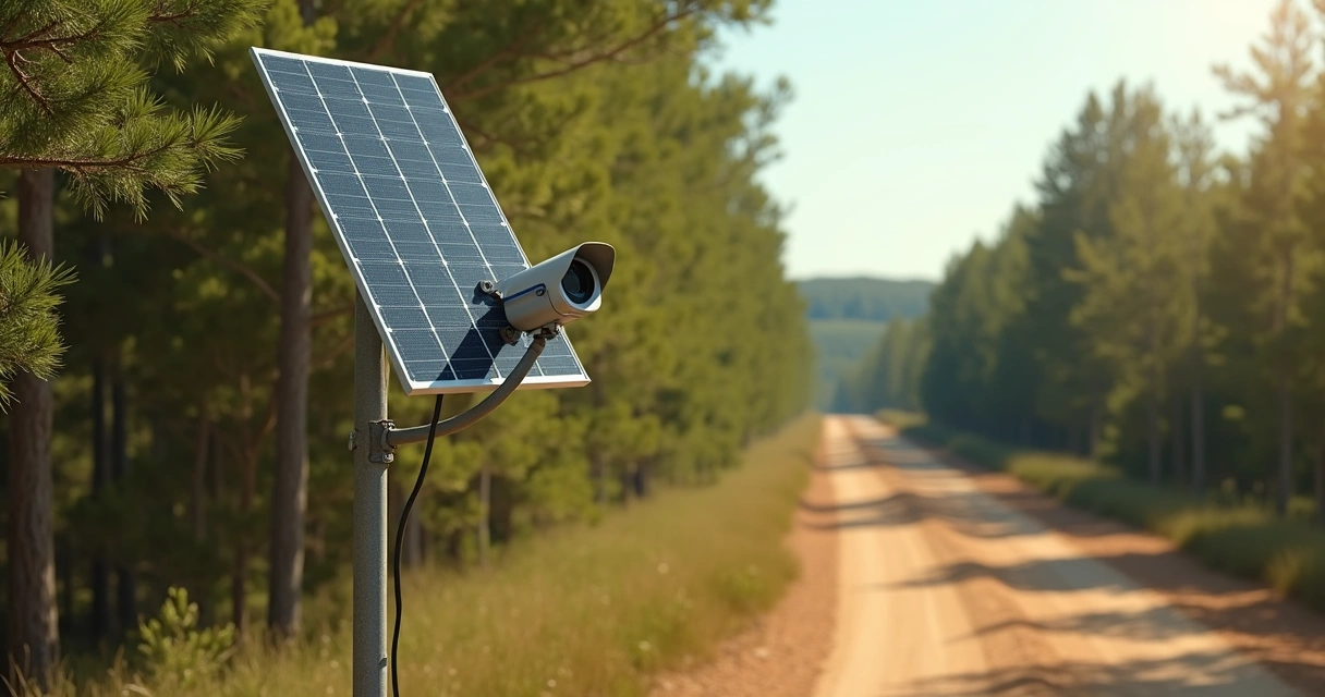 Câmera solar monitorando área remota arborizada 