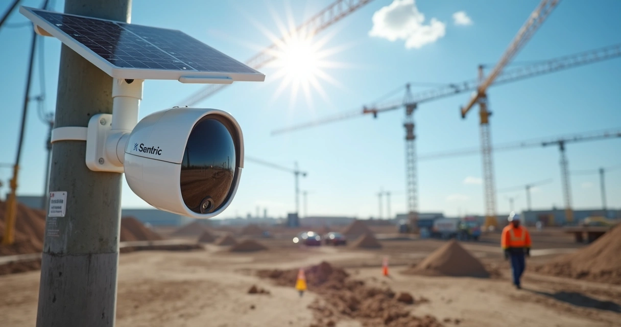 Câmera solar e painel monitorando obra em construção ao ar livre