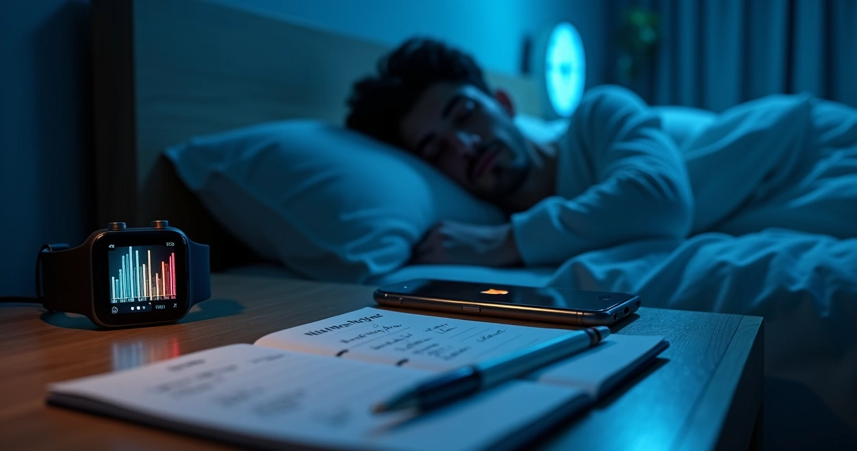 Mesa de cabeceira com diário de sono, gráfico nutricional e smartwatch registrando dados noturnos 