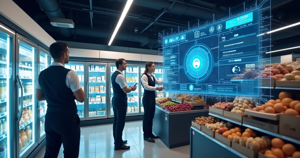 Sensores de IoT em prateleiras de supermercado conectados a uma central de monitoramento 