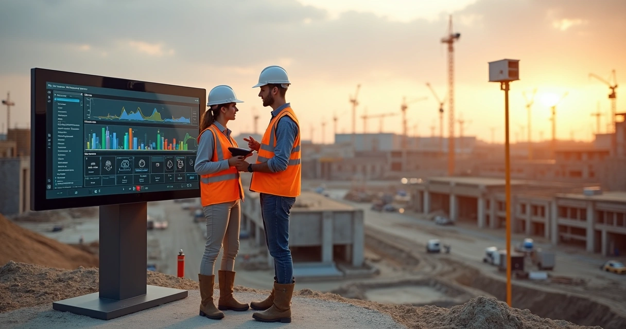 Engenheiros analisando painel digital de monitoramento técnico ao lado de área de obra real 