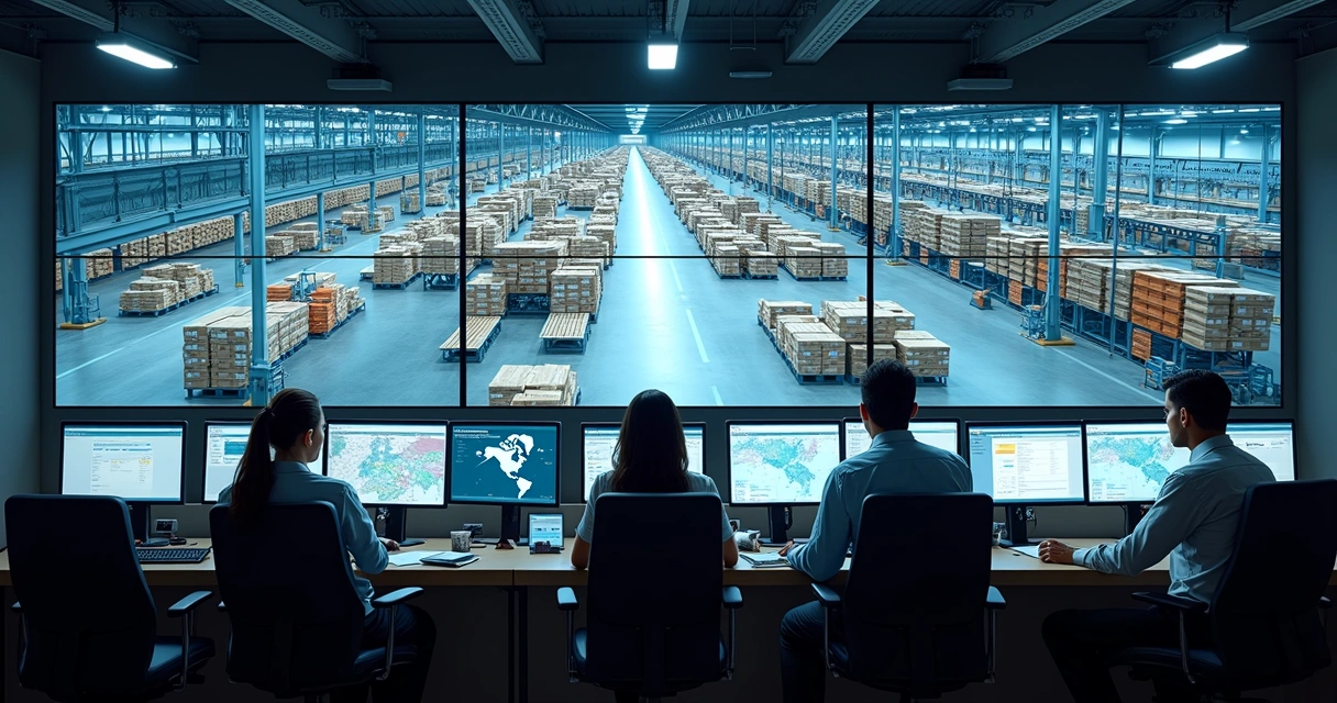 Sala de controle com telas de monitoramento logístico e operadores analisando informações em tempo real 