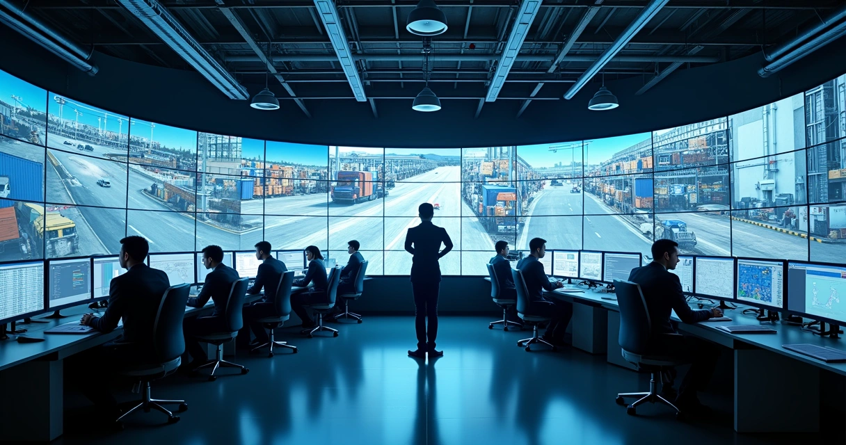 Sala de controle com telas de monitoramento logístico e pessoas trabalhando 